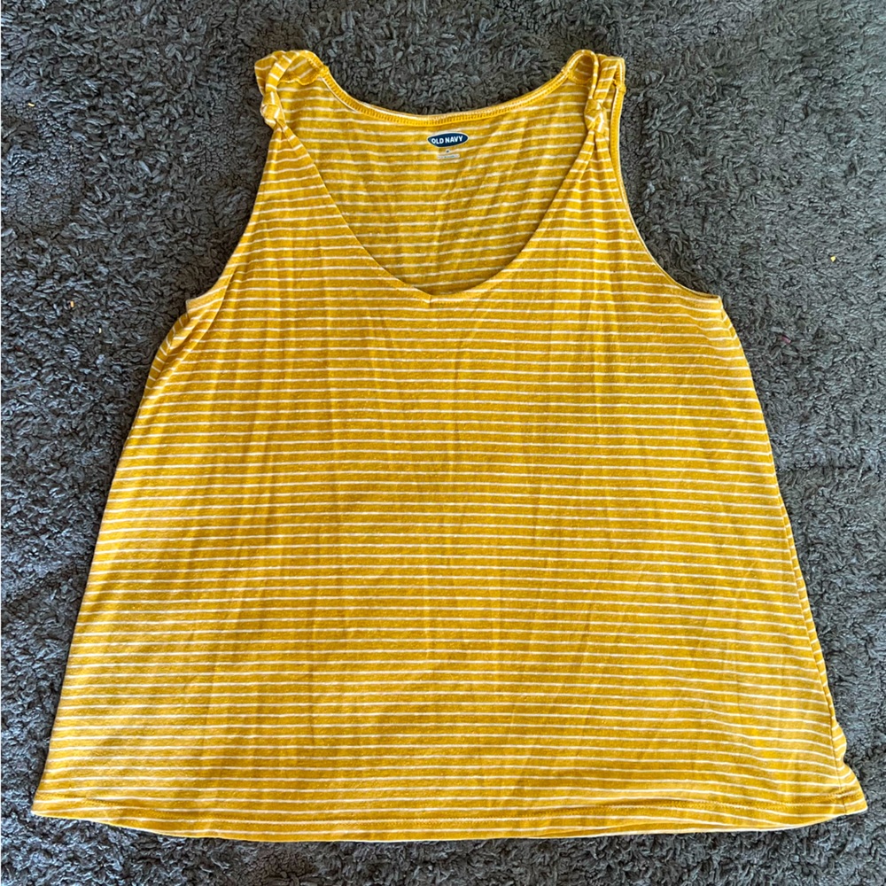 Old Navy Knot Sleeve Yellow & White Striped V-Neck Swing Tank Size M